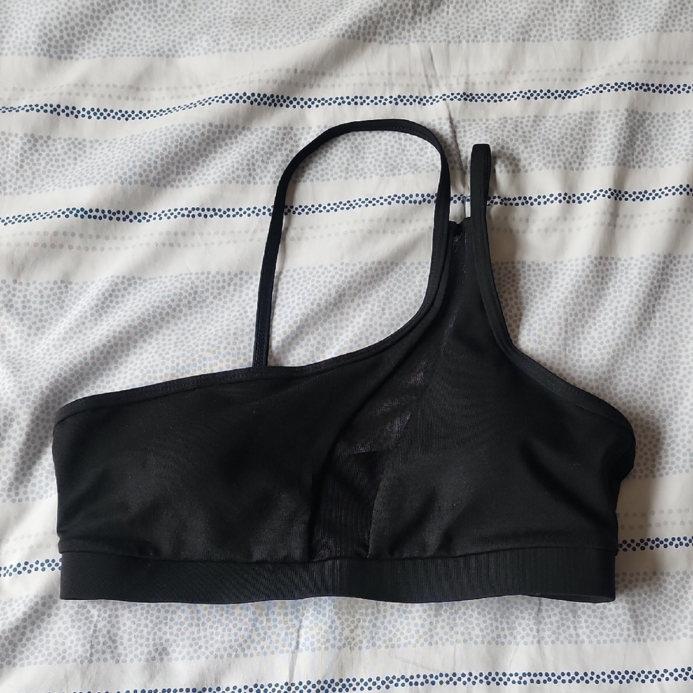 One Shoulder Double Strap Black Sports Bra